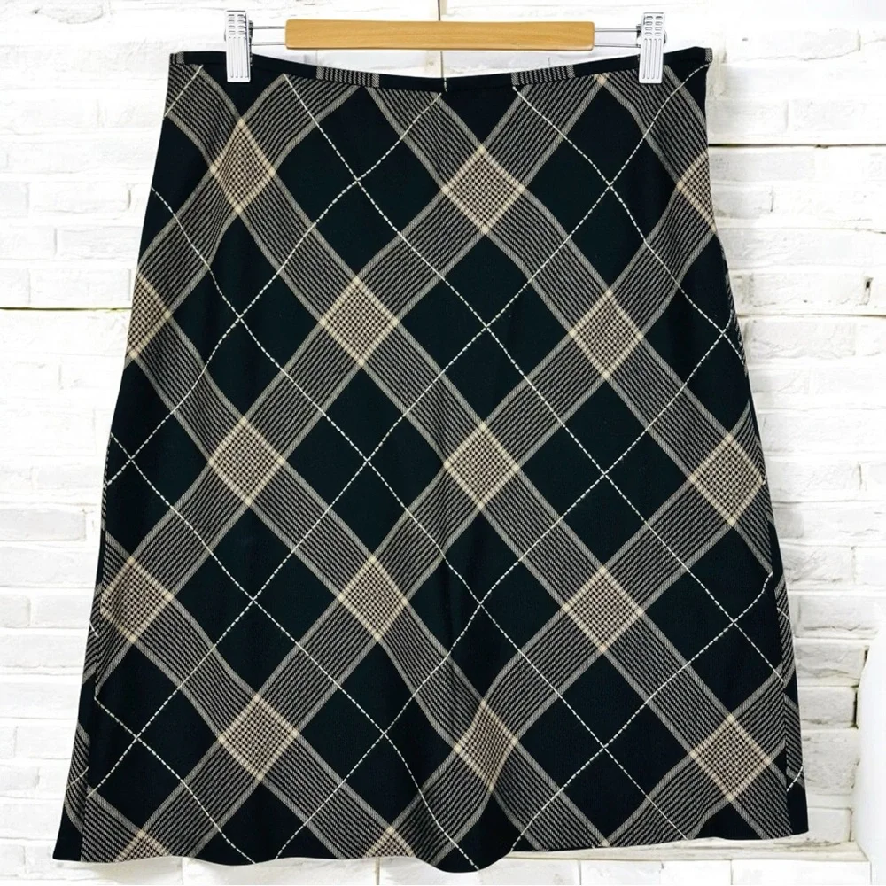 Ann Taylor LOFT Y2K Plaid Wool A Lined Lightweight Cottagecore Skirt Black Tan - Picture 3 of 10